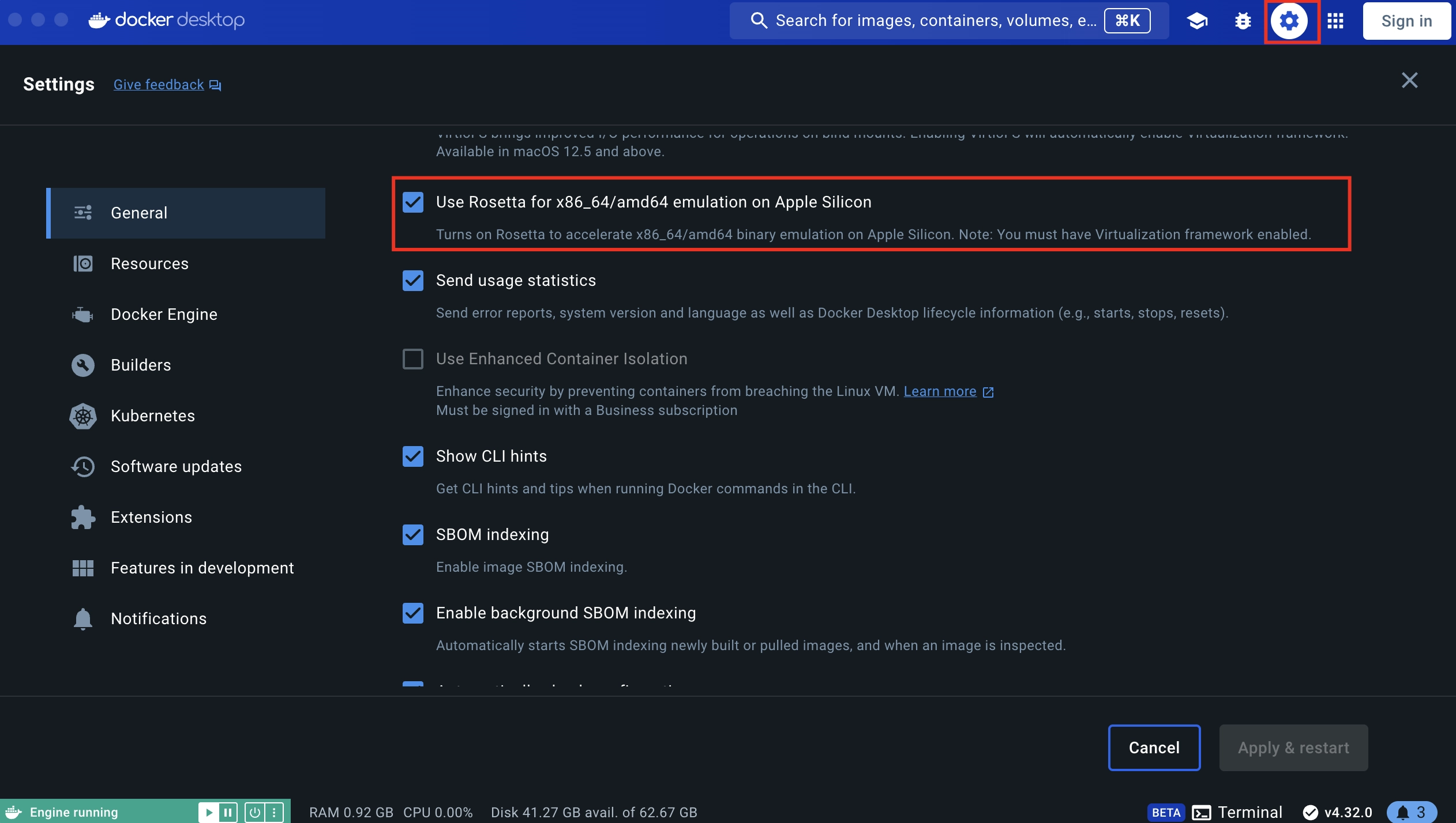 Docker Rosetta Settings
