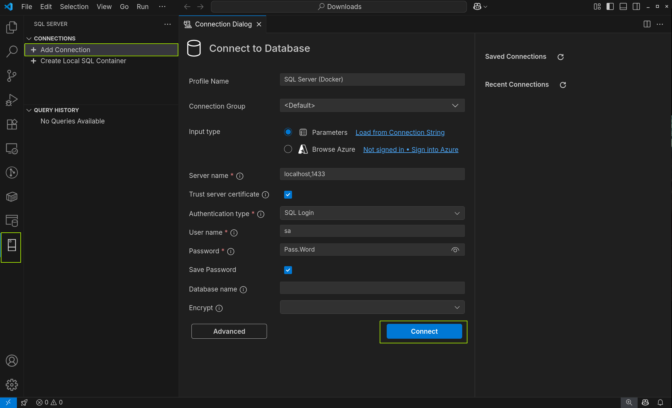 SQL Server tabblad & verbindingsinstellingen